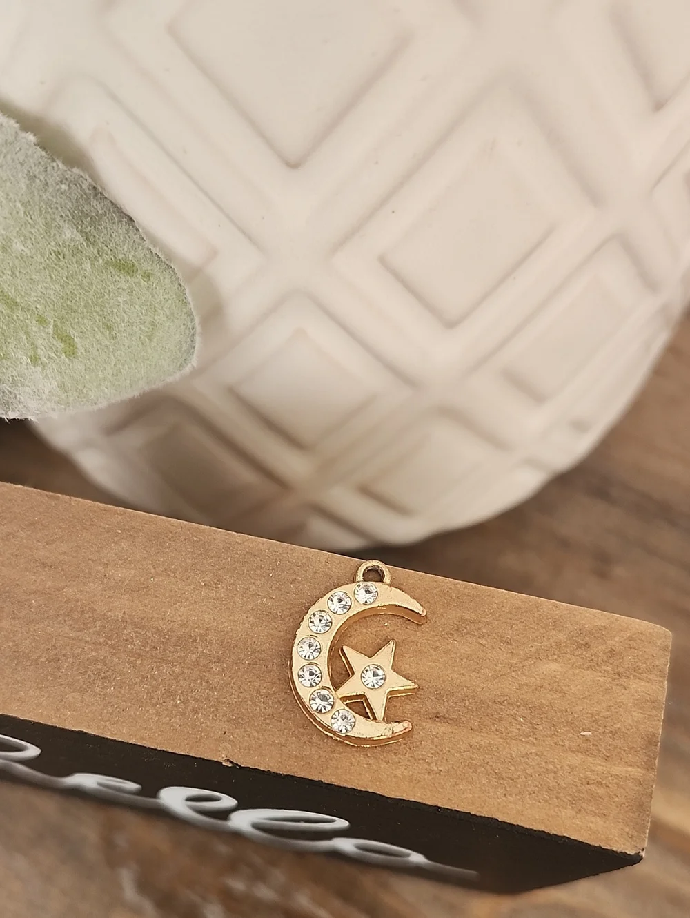 Crescent Moon & Star Charm with Clear Rhinestones
